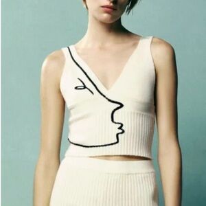 Zara Cream Knit Crop Top with Face Design - Size Medium